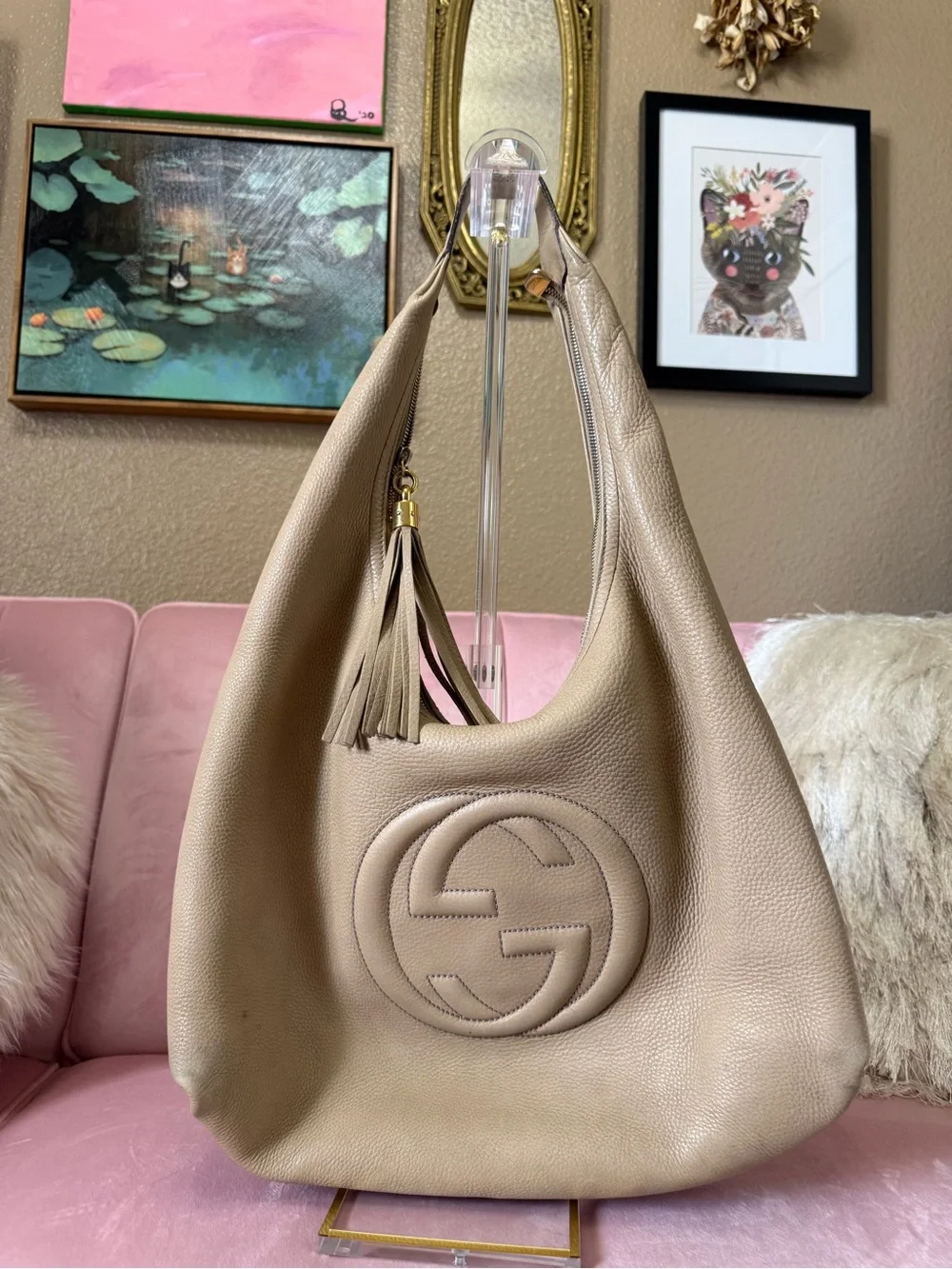 💯Authentic Gucci SOHO Pebbled Tan Leather Hobo Bag Shoulder Bag w Tassel